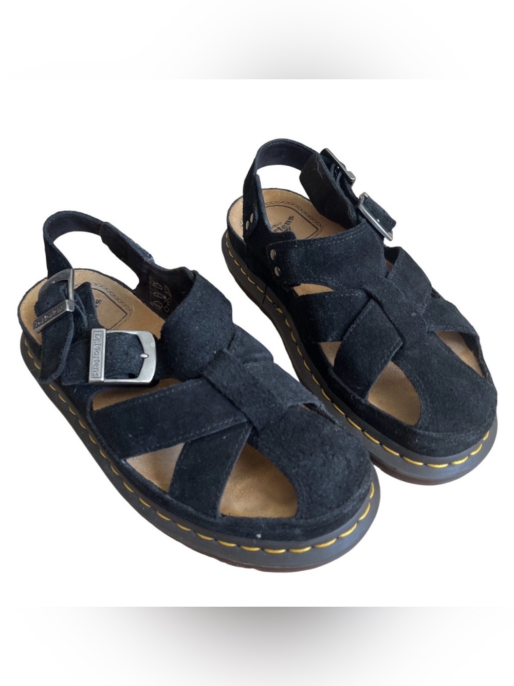 Dr. Martens Black Suede Buckle Fisherman Sandals with Yellow Stitching